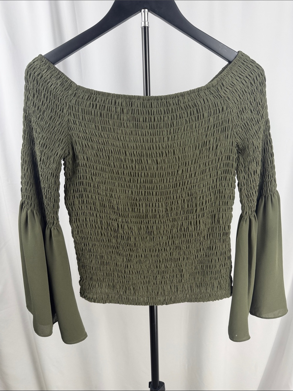 Express Olive Green Smocked Off Shoulder Bell Sleeve Top – Size Small
